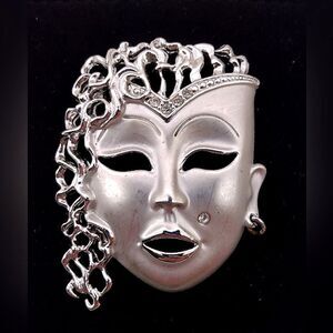 Silver Masquerade Mask Brooch Pendant Jewelry Vintage